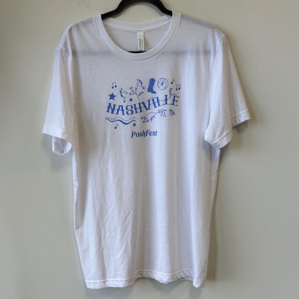 Bella Canvas Sz L 2024 PoshFest Oversized White Tee with Blue Nashville Graphic